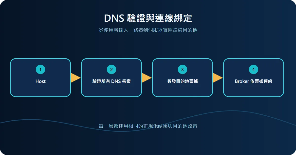 DNS 解析、TOCTOU 與 DNS Rebinding 原理技術流程圖