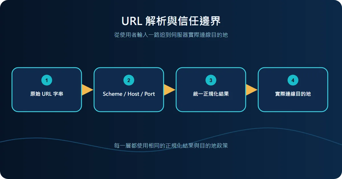 URL 結構、解析器與信任邊界技術流程圖