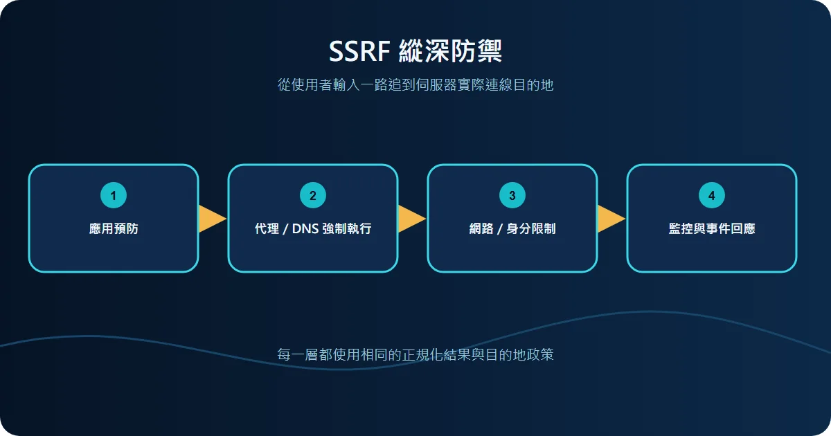 SSRF 多層防禦：應用、代理、DNS、網路與雲端技術流程圖